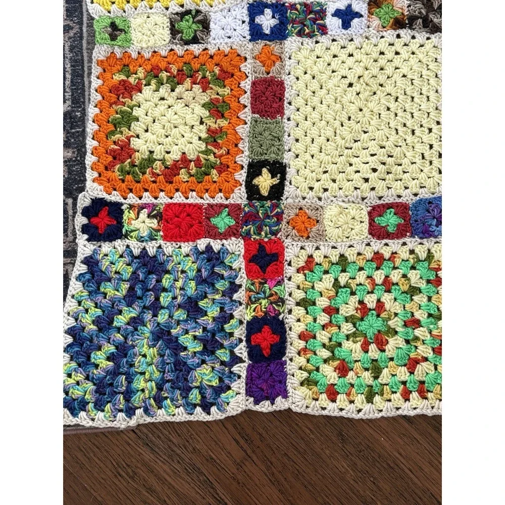 Vintage Multicolored Granny Square Afghan Throw Blanket 61 x 61.